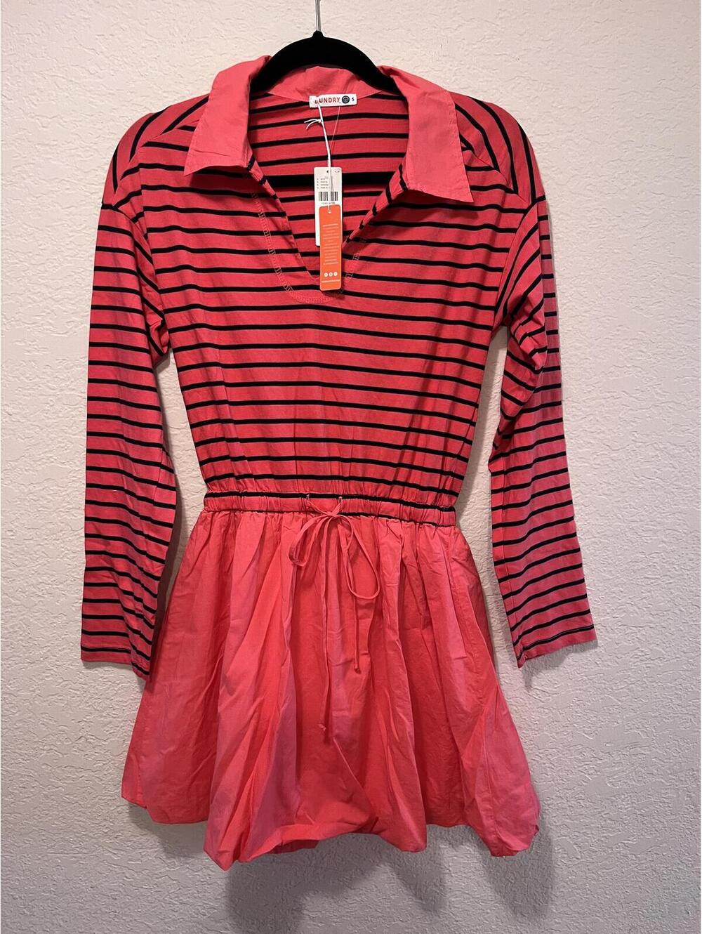 Anthropologie Sundry Neon Pink Stripe Bubble Hem Mini Dress - Picture 3 of 12